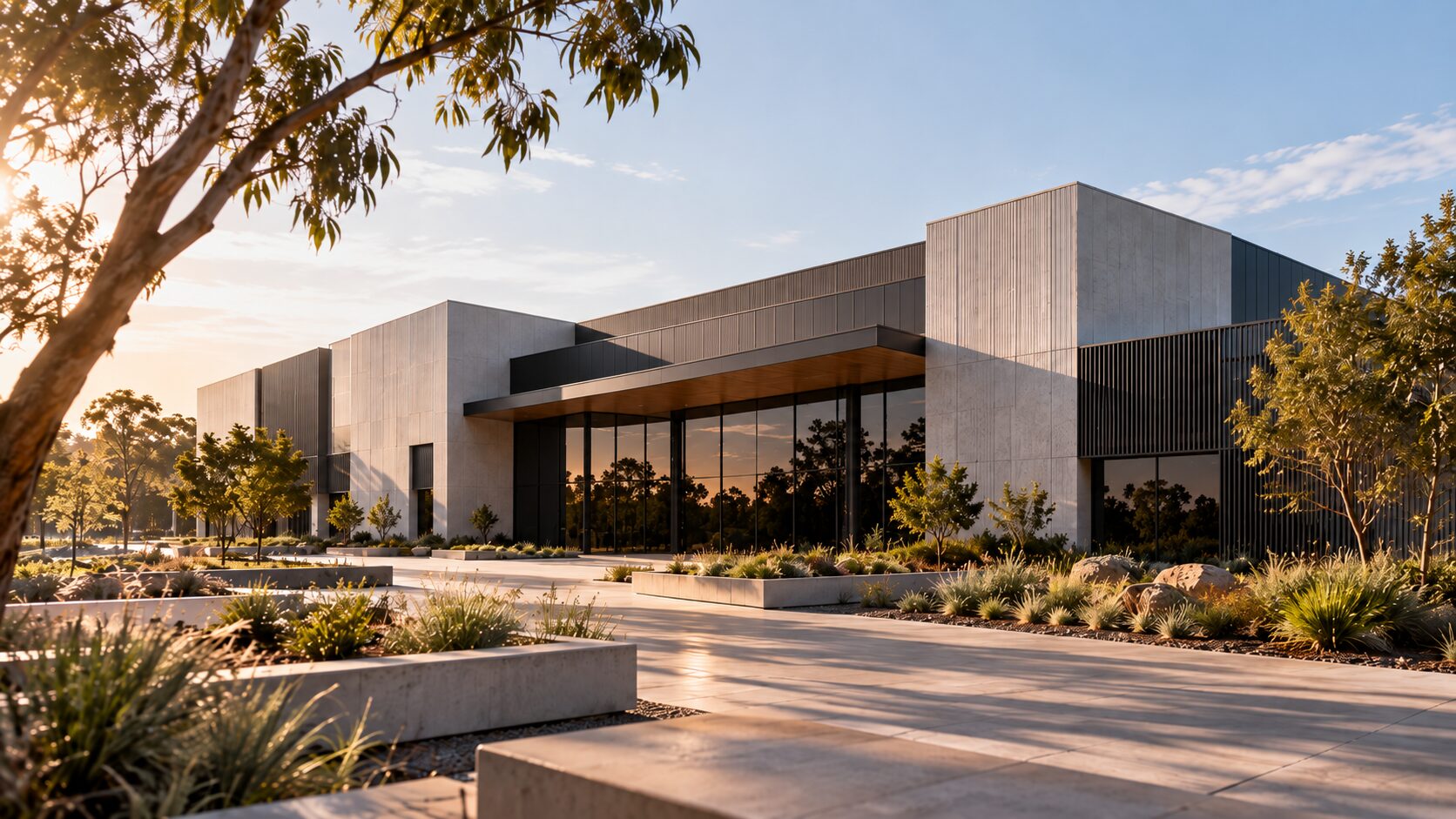 Modern operational facility with a landscaped forecourt