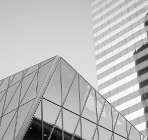 Angular glass facade of a modern office building