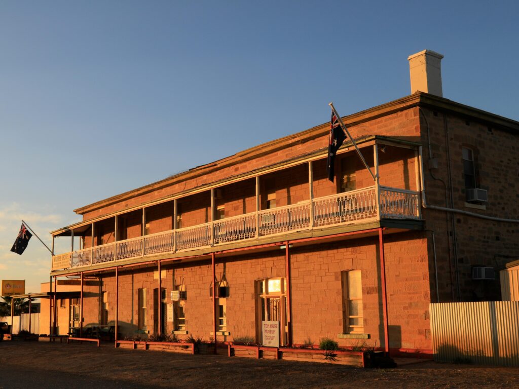 Historic two-storey heritage building at sunset