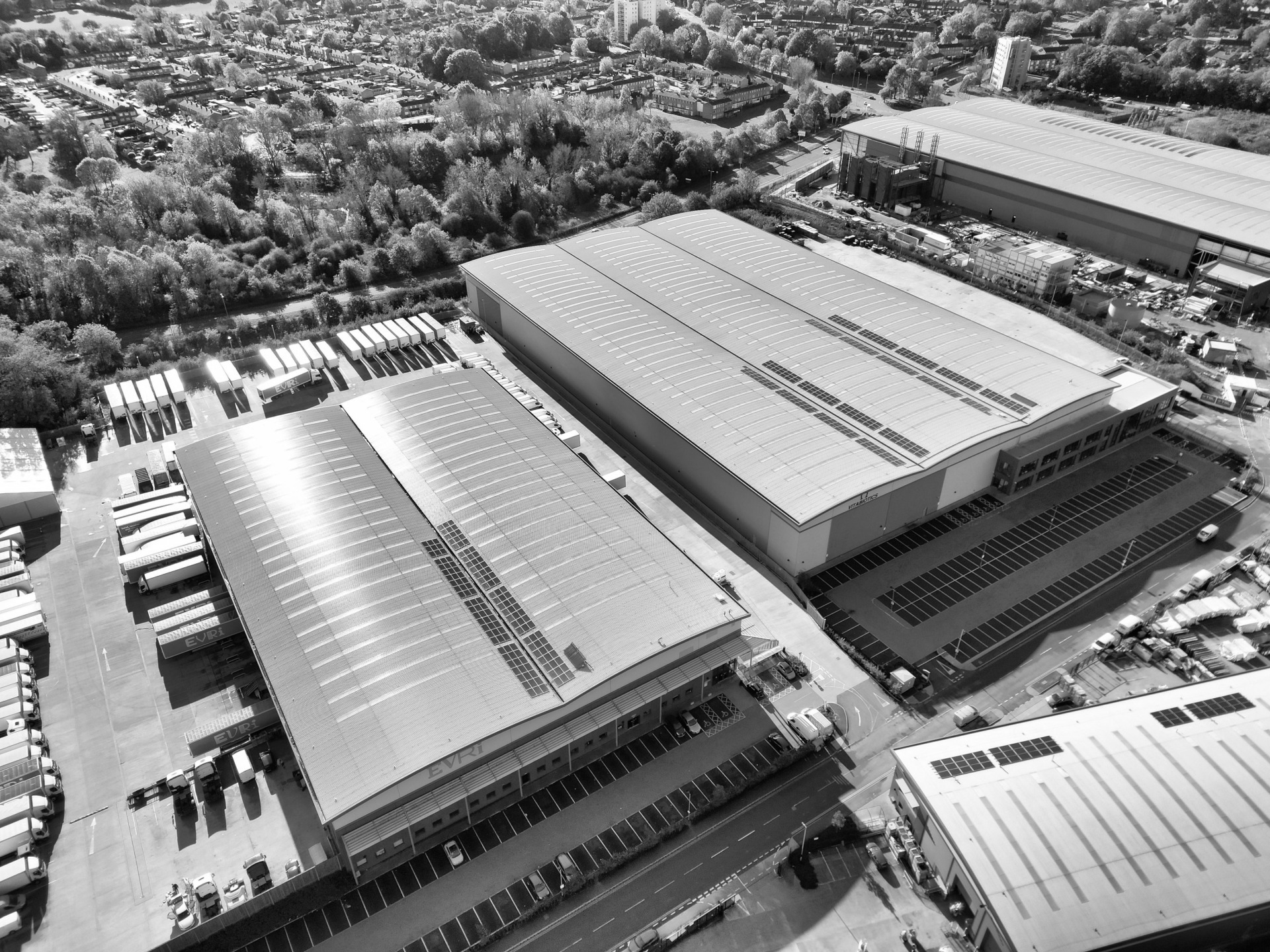 Aerial view of large industrial warehouses