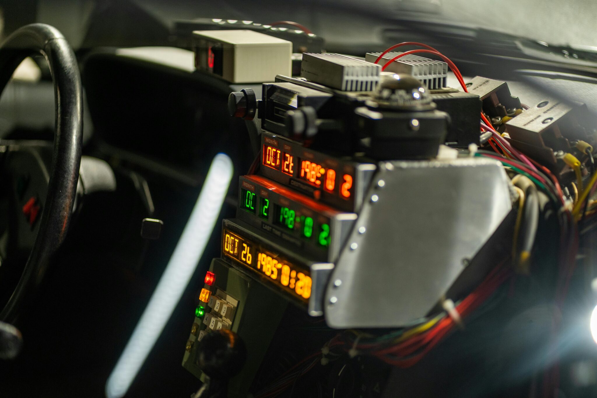 Close-up of a DeLorean time machine dashboard