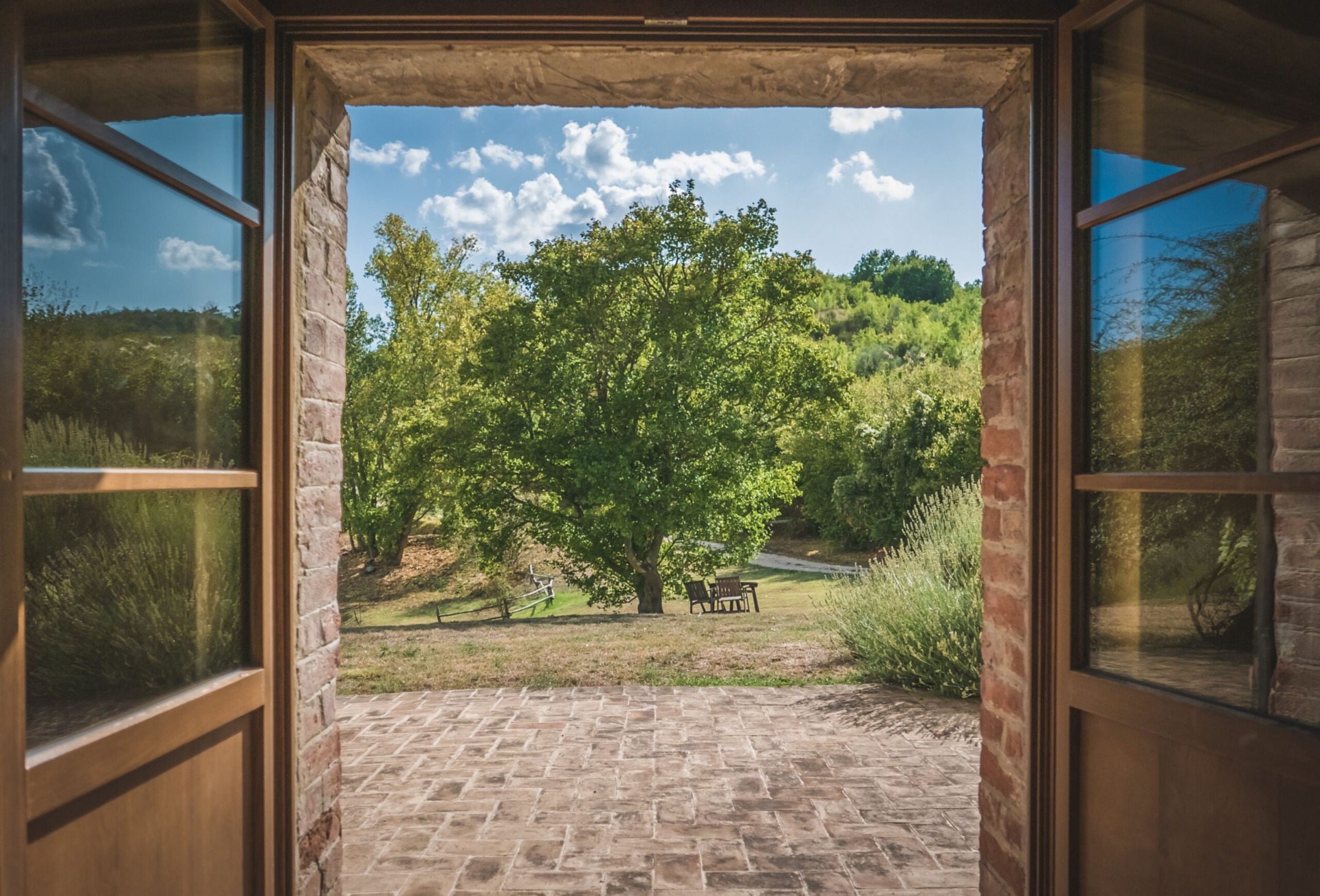 Open doorway looking out onto a garden