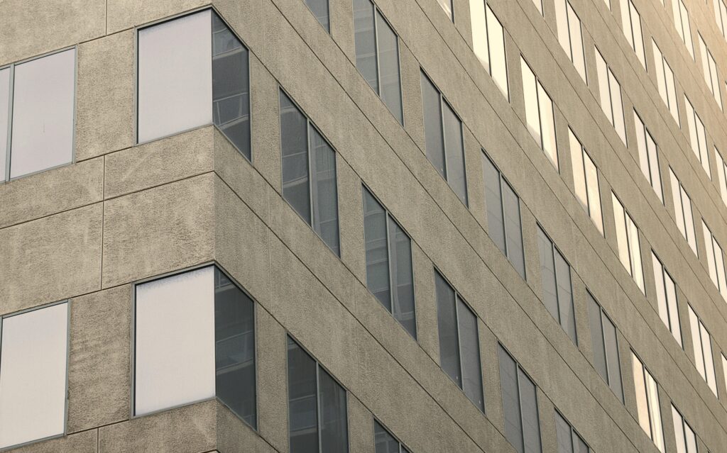 Facade of an older concrete office building